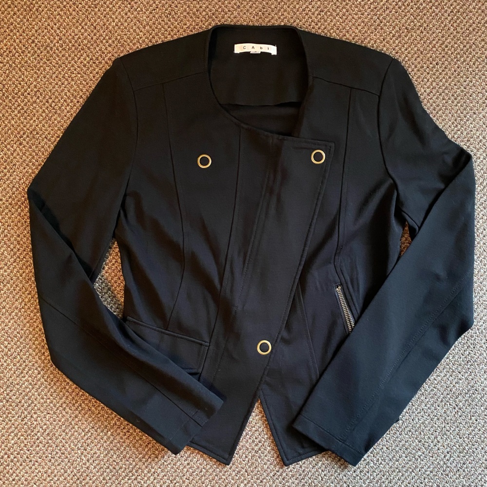 CABI | Black Ponte Knit Moto Asymmetrical Hem Blazer Jacket  Small F21